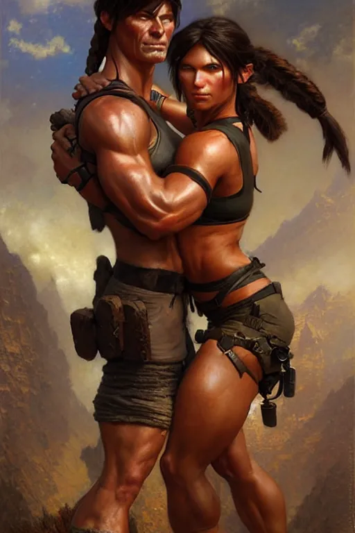 Image similar to muscular sweat lara croft, dora hair highly detailed painting by gaston bussiere, craig mullins, j. c. leyendecker 8 k