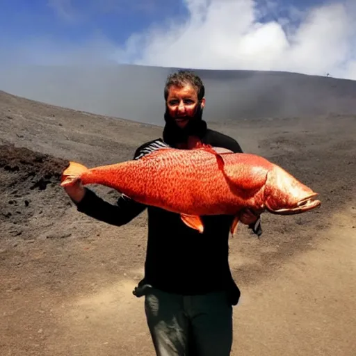 Image similar to a person holding a large fish over his head in a volcano