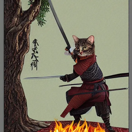 Prompt: amurai anthropomorphic cat, sharpening a sword near a fireplace in the woods, photorealistic, 8 k intricate detail,