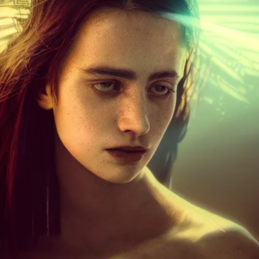 Image similar to portrait art of female angel by alessio albi 8 k ultra realistic, angel wings, lens flare, atmosphere, glow, detailed, intricate, full of colour, cinematic lighting, trending on artstation, 4 k, hyperrealistic, focused, extreme details, unreal engine 5, cinematic, masterpiece