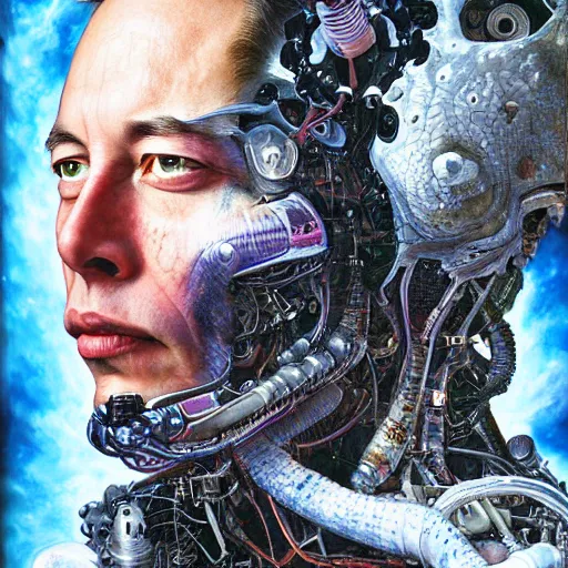 Prompt: UHD hyperrealistic photorealisitc detailed image of cosmic Elon Musk with dead, broken, blackened cybernetic implants, by Ayami Kojima Amano Karol Bak, Greg Hildebrandt and Mark Brooks