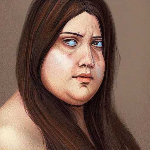 Prompt: 3 0 years old woman : : dark straight hair : : slightly overweight : : brown medieval cloting, natural materials : : high detail, digital art, illustration, oil painting, realistic