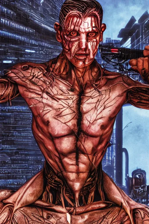 Prompt: A highly detailed rendered, close portrait of a mutant ringer, half human, in purple spandex suit, with scars on his face, high tech equipement attached to the body, in a tropical and dystopic city, in front of a garage, dried palmtrees, thick dust and red tones, bladerunner, cyberpunk, lost city, hyper-realistic environment, Epic concept art. Warhammer 40k
