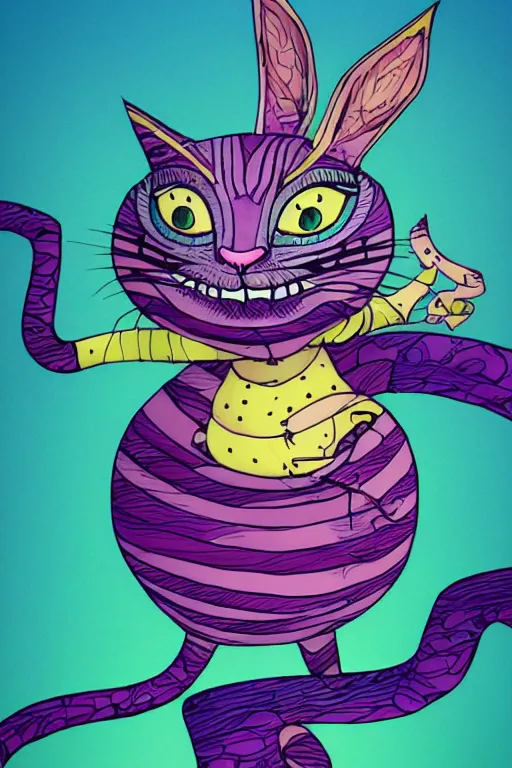 Image similar to cheshire cat, art by brian miller, colorful, illustration, highly detailed, simple, no jagged lines, smooth