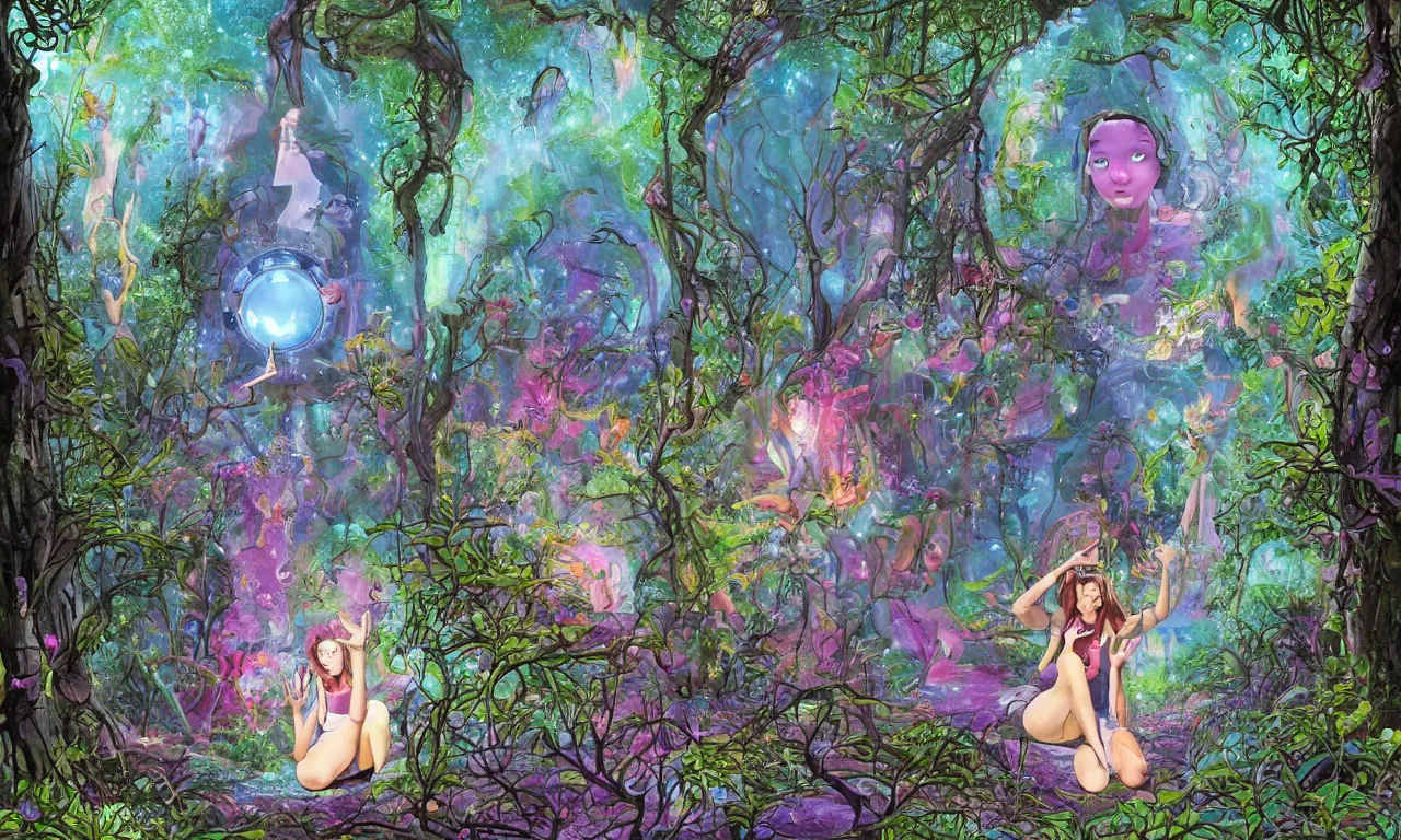 Prompt: woman discovers a mirror portal in her garden. the dimensional gateway leads to a mystical forest, pixiv fanbox, dramatic lighting, maximalist pastel color palette, splatter paint, pixar and disney concept, graphic novel by fiona and dustin nguyen, peter elson, alan bean, wangechi mutu, clean cel shaded vector art, on artstation