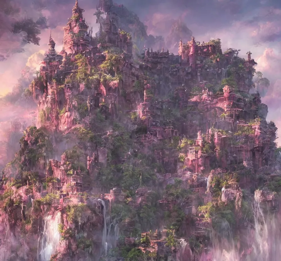 Image similar to beautiful!!! digital painting of a ( ( ( floating cloud kingdom, cloud platforms ) ) ) with an intricate expensive castle and waterfalls!! | dreamy pink!!! sunset!!! intricate civilization, epic rim lighting, dramatic!!!! craig mullins, james jean, octane render, trending on artstation, deviantart, studio level quality, hyperdetailed