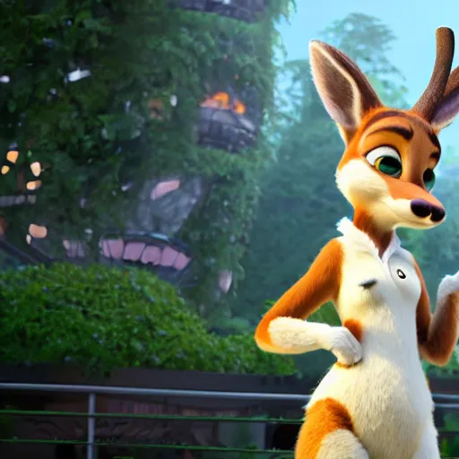 Image similar to portrait, 3 d render, tall, little fat, anthropomorphic female deer, wearing along white dress, in the style of zootopia,