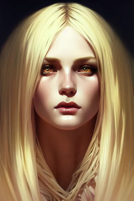 Prompt: a beautiful blond goddess girl with black makeup in the eyes, fantasy, portrait, sharp focus, intricate, elegant, digital painting, artstation, matte, highly detailed, concept art, illustration, ambient lighting, art by ilya kuvshinov, artgerm, Alphonse mucha, and Greg Rutkowski