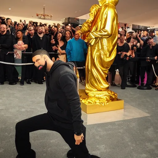 Prompt: Drake worshipping a golden statue of himself, low angle