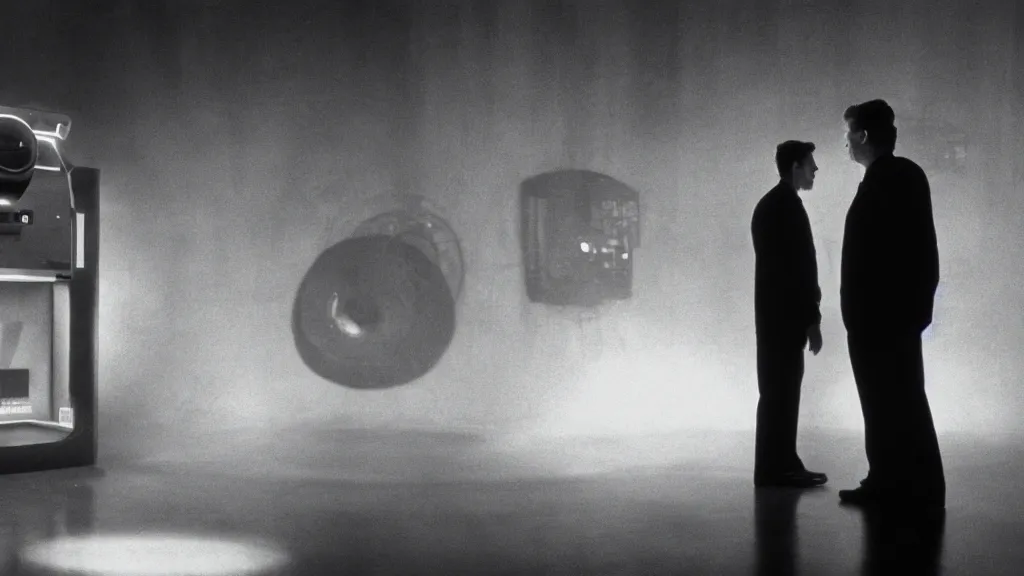 Image similar to movie scene of a man standing in front of a multiverse machine, movie still, cinematic composition, cinematic light, by David Lynch