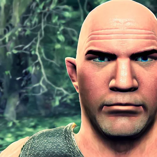 Prompt: character screenshot of bald ufc dana white, npc, ocarina of time, field, 3 6 0 p, bokeh, legend of zelda, detailed, dialog text