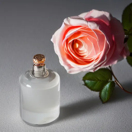 Image similar to perfume bottle sitting on a white surface surrounded by a plethora peach colored roses, bright white realistic, up close shot, white background, zen, light, modern minimalist f 2 0