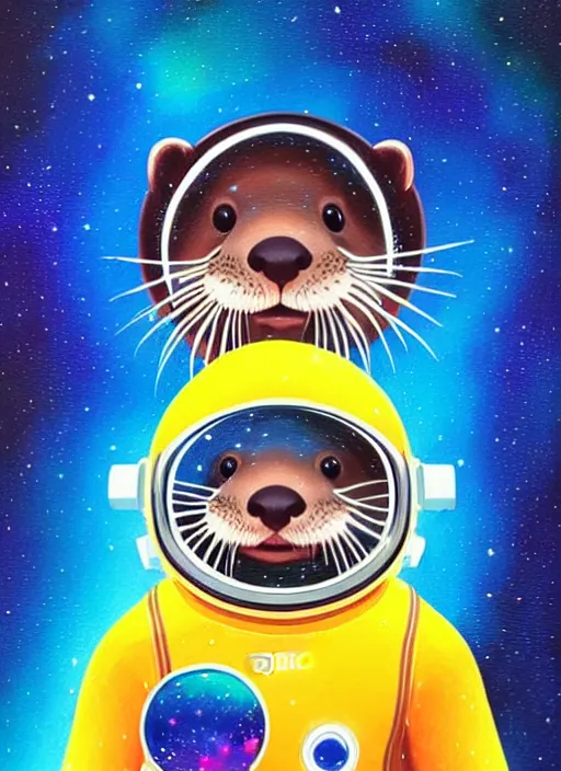 Image similar to a portrait of a cute otter with a space helmet, swimming through a colorful galaxy!!!!!!!!!!!, detailed, artstation, art by rhads and miyazaki