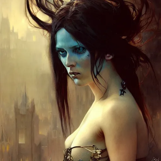 Prompt: dark goth queen with blue eyes, dark fantasy, hyperrealistic portrait, art of elysium by jeremy mann and alphonse mucha, dark fantasy illustration, fantasy art, photo realistic, dark, goth, artstation, ginger hair, dynamic lighting, very detailed face, 4 k, award winning