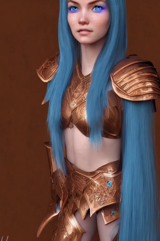 Prompt: a beautiful and highly detailed digital illustration of a female elven paladin with blue hair in rose gold armor, a digital painting by lu ji, cgsociety, photorealism, daz 3 d, sketchfab, zbrush