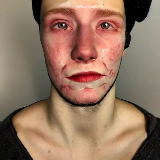 Image similar to a caucasian man with the most acne in the world. acne on face, acne on body, huge zits all over body, desperate, depression, dark mood, hate life, puss zits, pimples