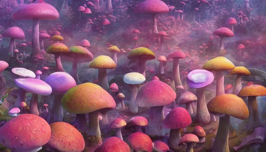 Image similar to A highly detailed digital art painting of a caustic poison mushroom landscape by from software, Makoto Shinkai, by Artgerm, by beeple, volumetric lighting, octane render, 4K resolution, trending on artstation, masterpiece, vivid colours