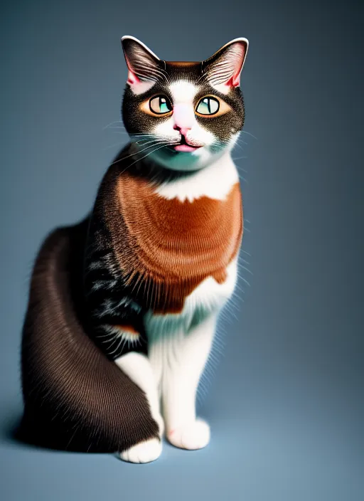 Image similar to kodak portra 4 0 0 of a gorgeous cross between a cat and robot, award winning, in style of tim walker, 1 5 0 mm, f 1. 2, volumetric light, coloured gel studio light, unreal engine 5, 8 k