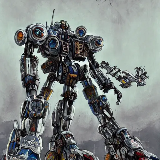 Prompt: beautiful picture of a giant Mecha, post-apocalyptic wasteland, skulls, anime style, art by Yasuhiko Yoshikazu, trending on Artstation