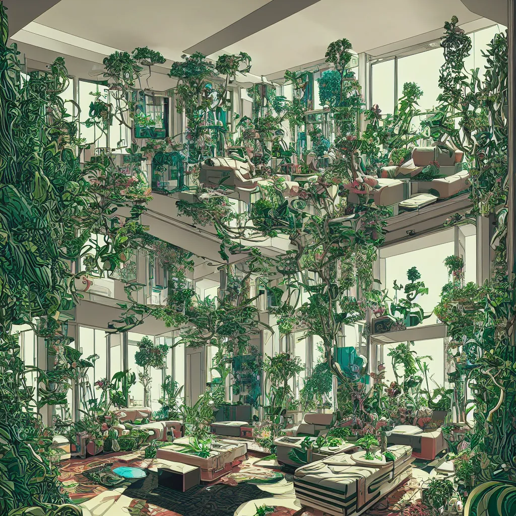 Image similar to luxury living room full of plants and trees by josan gonzalez