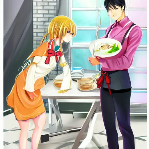 Image similar to your wife is happily meeting you coming home from work with an apron on, trending on pixiv, sharp, high quality, anime digital painting