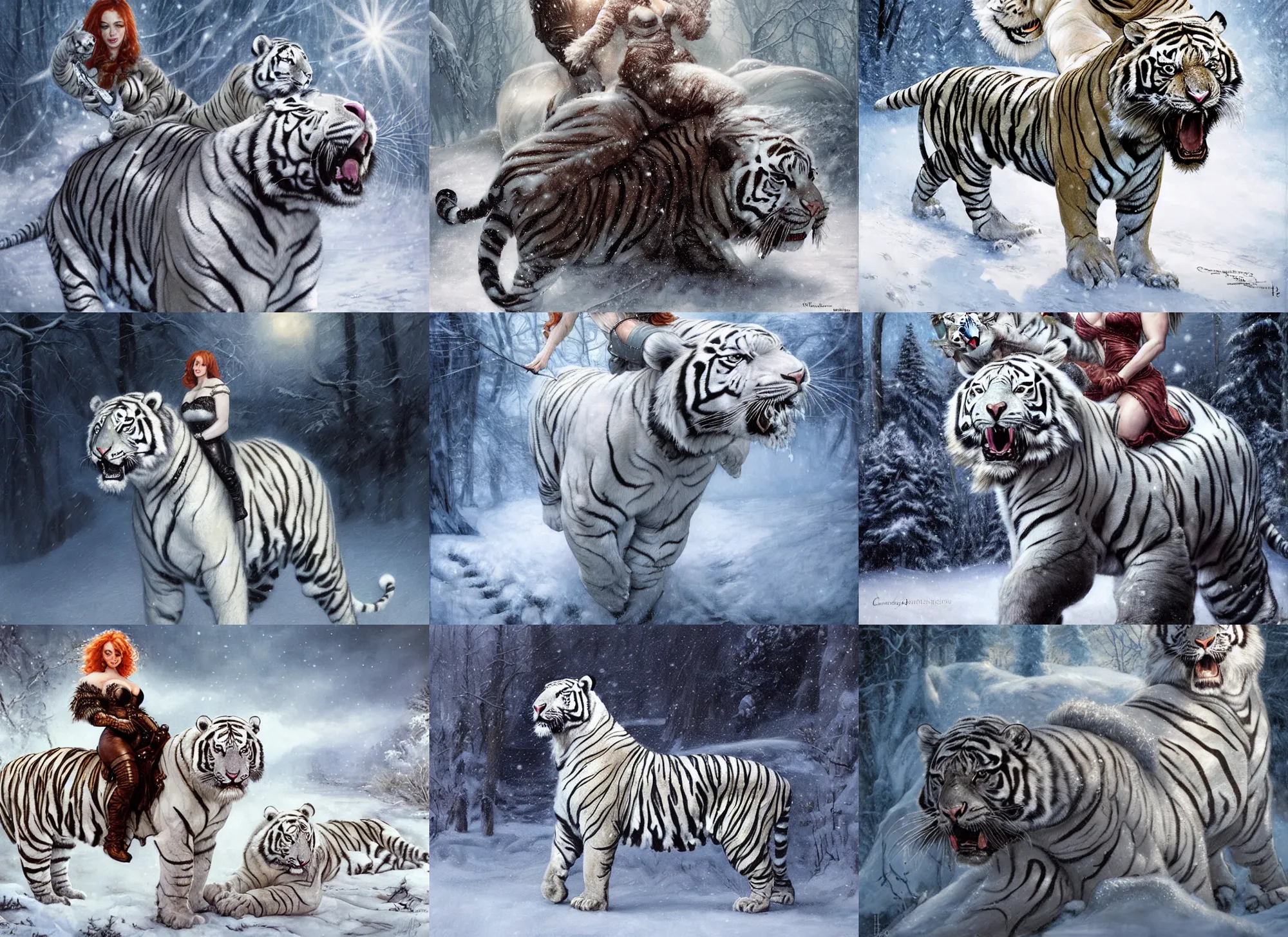 Prompt: muscled Christina Hendricks' portrait riding mounted on a fierce large white tiger, wintery scene, snow storm, Donato Giancola, Mark Brooks, Ralph Horsley, Charlie Bowater, Artgerm, Christopher Balaskas, Bastien Lecouffe-Deharme