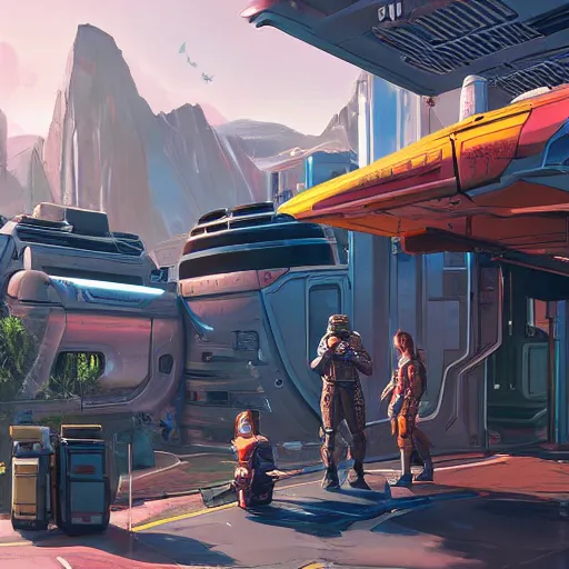 Prompt: sci fi container from apex legends in a pleasant urban setting surrounded by families, art station, ultra hd, soft light, overhead sun, ultra hd, art station