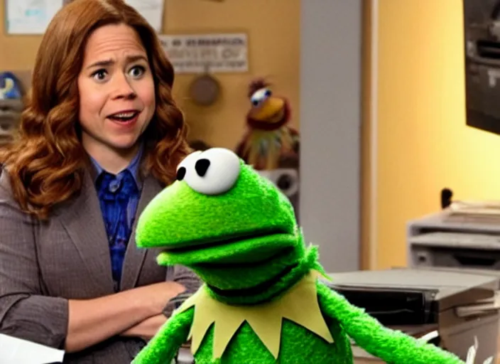 Image similar to film still of muppet!!!!! pam beesly!!!! as a muppet muppet muppet as a muppet in the tv show the muppet office