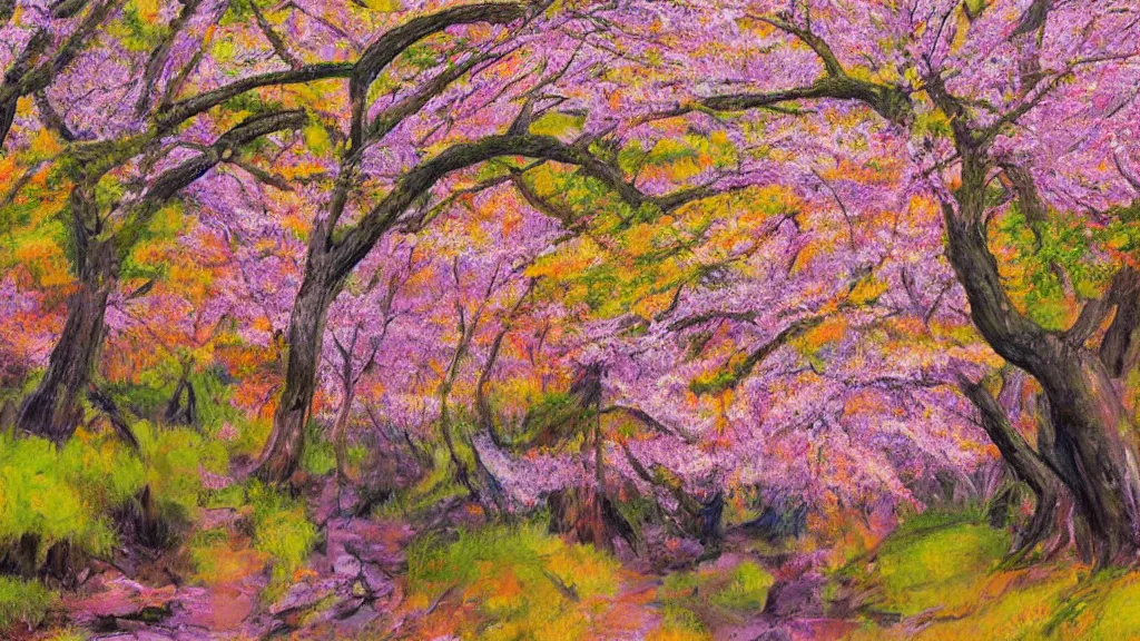 Image similar to an artwork of a landscape of a sakura forest, multicolored