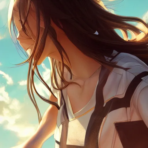 Prompt: a girl is running, sport clothing, anime style, long hair, hair down, symmetrical facial features, from arknights, hyper realistic, highly detailed, rule of thirds, extreme detail, detailed drawing, trending artstation, realistic lighting, black iris, by alphonse mucha, greg rutkowski, sharp focus, backlit, real faces, realistic anatomy