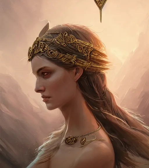 Image similar to aphrodite goddess wearing an arrow on her head, beautiful face, digital illustration, in the style of greg rutkowski, fantasy, amazing detail, epic, intricate, elegant, smooth, sharp focus