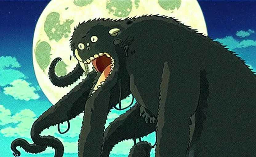 Image similar to a still from a studio ghibli movie of a cartoon cthulhu slicing open king kong from princess mononoke ( 1 9 9 7 ), in front of a pale full moon, full body, wide shot, very dull muted colors, studio ghibli, highly detailed, deviantart, art by artgem