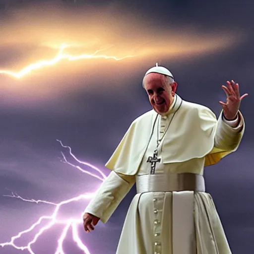 Prompt: pope projecting force lightning form his hands