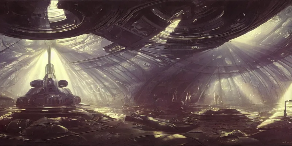 Image similar to wide shot, interior of an alien spaceship, futuristic, hyperrealism, crepuscular rays, ray tracing, by alphosne mucha adolf hiremy hirschl