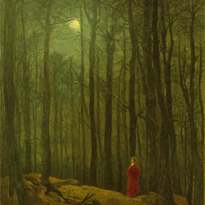 Image similar to painting of a woman lost in the woods by caspar david friedrich, at night