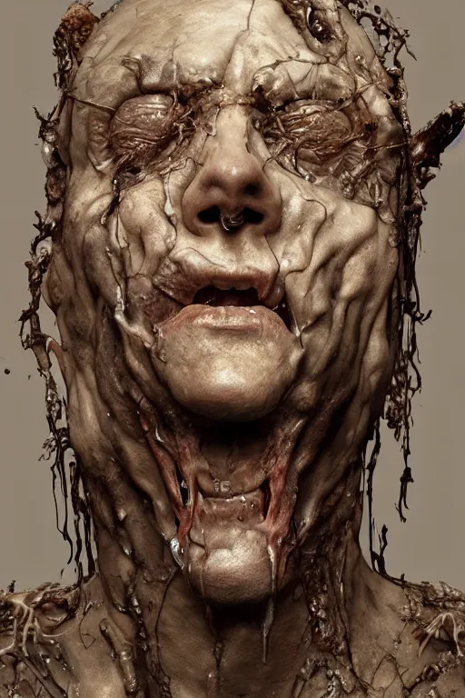 Image similar to Hyper realistic god of death sculpture with melting face, surreal atmosphere, Cinematic lighting, ultra super good realistic 3D render by Emil Melmoth, Trending on Artstation, I can't believe how detailed this is, 8k