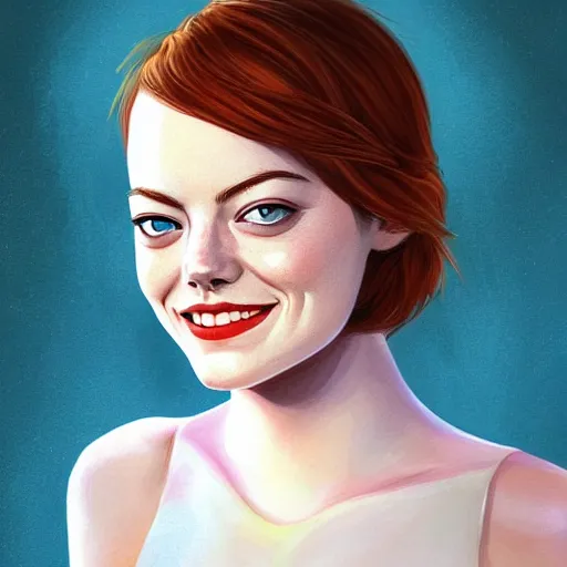 Prompt: portrait of Emma Stone, beautiful eyes, smiling, elegant, highly detailed, digital painting, artstation, concept art, smooth, sharp focus, illustration, art