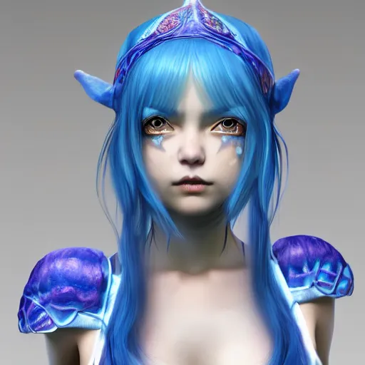 Image similar to portrait of young girl half dragon half human , dragon skin, dragon eyes, dragon crown, blue hair, long hair, highly detailed 3D render, 8k, rpg concept art character, jrpg character, manga, anime, video game character, concept art, by Yoshitaka Amano