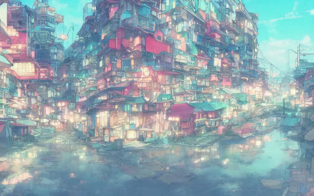 Image similar to a japanese city near the sea, lofi, dreamy, moody, very colorful, anime inspiration, makoto shinkai, ghibli vibe