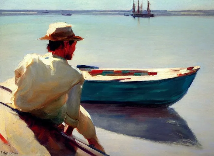 Image similar to painting of a person in a boat on the water, an oil painting by gregory manchess, deviantart, figurative art, oil on canvas, impressionism, painterly