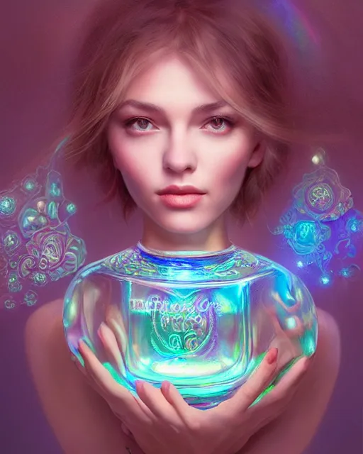 Image similar to a cute woman inside an ornate bottle of iridescent liquid, alchemy, intricate, bloom, detailed, volumetric lighting, sharp focus, photorealism, digital painting, highly detailed, concept art, by by artgerm and wlop