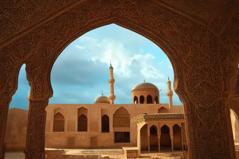 Prompt: Old Islamic architecture in a Islamic valley, dramatic sky, digital art, 4k, 8k, trending on ArtStation