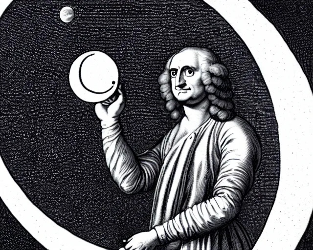 Image similar to isaac newton holding an apple in his hands and looking at the moon