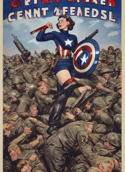 Prompt: beautiful female captain america standing on a pile of defeated german soldiers. feminist captain america wins wwii. american wwii propaganda poster by james gurney