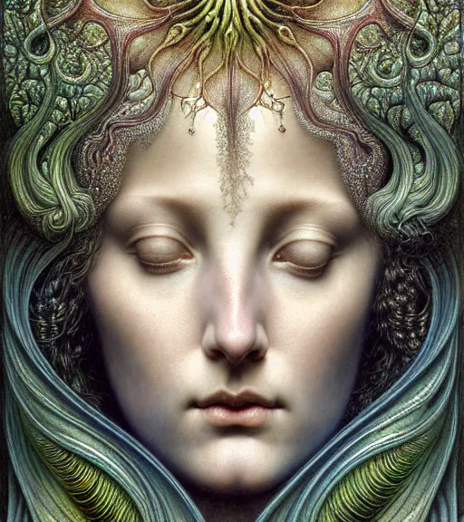 Image similar to detailed realistic beautiful iridescent goddess face portrait by jean delville, gustave dore, iris van herpen and marco mazzoni, art forms of nature by ernst haeckel, art nouveau, symbolist, visionary, gothic, neo - gothic, pre - raphaelite, fractal lace, intricate alien botanicals, biodiversity, surreality, hyperdetailed ultrasharp octane render