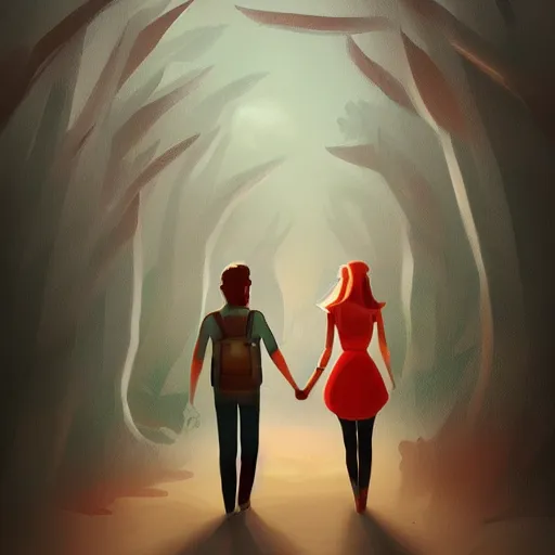 Image similar to illustration of two lovers holding hand, artstation, deviantart, endless love, stylistic digital painting