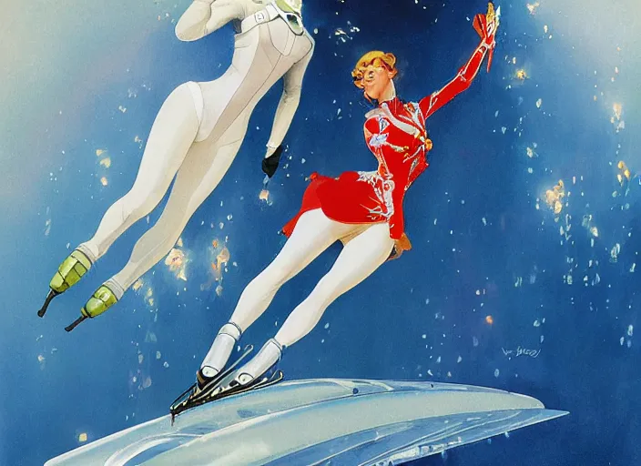 Image similar to a copic maker art nouveau illustration of a high speed ice skater girl wearing an eva pilot suit designed by balenciaga by john berkey, norman rockwell