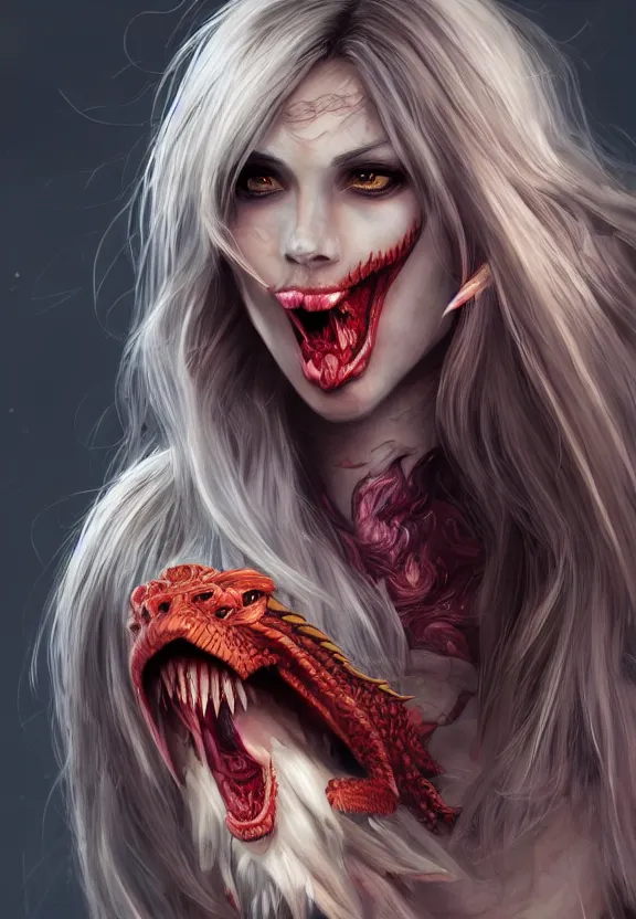 Image similar to Half Beautiful Woman half dragon, demigod, beautiful, artstation, character design 4k, 8k, realistic, scales, fangs, girl, woman, detailed, hard