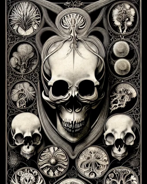 Image similar to art forms of nature by ernst haeckel, memento mori by arthur rackham, ornate antique porcelain beautiful skull mask, ultrasharp, photorealistic, hyperdetailed, octane render, polished, art nouveau, neo - gothic, gothic, intricate ornamental organic filigree, art nouveau botanicals, art forms of nature by ernst haeckel, horizontal symmetry, symbolist, visionary