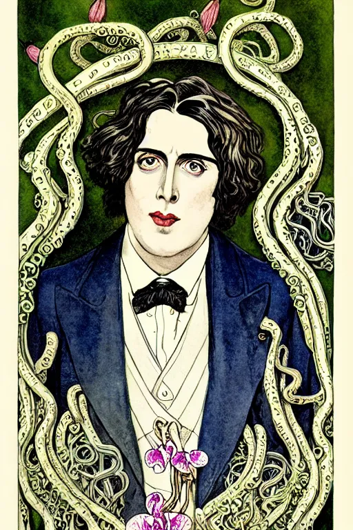 Prompt: realistic portrait of oscar wilde in the center of an ornate tentacle frame with orchids, detailed art by kay nielsen and walter crane, illustration style, watercolor